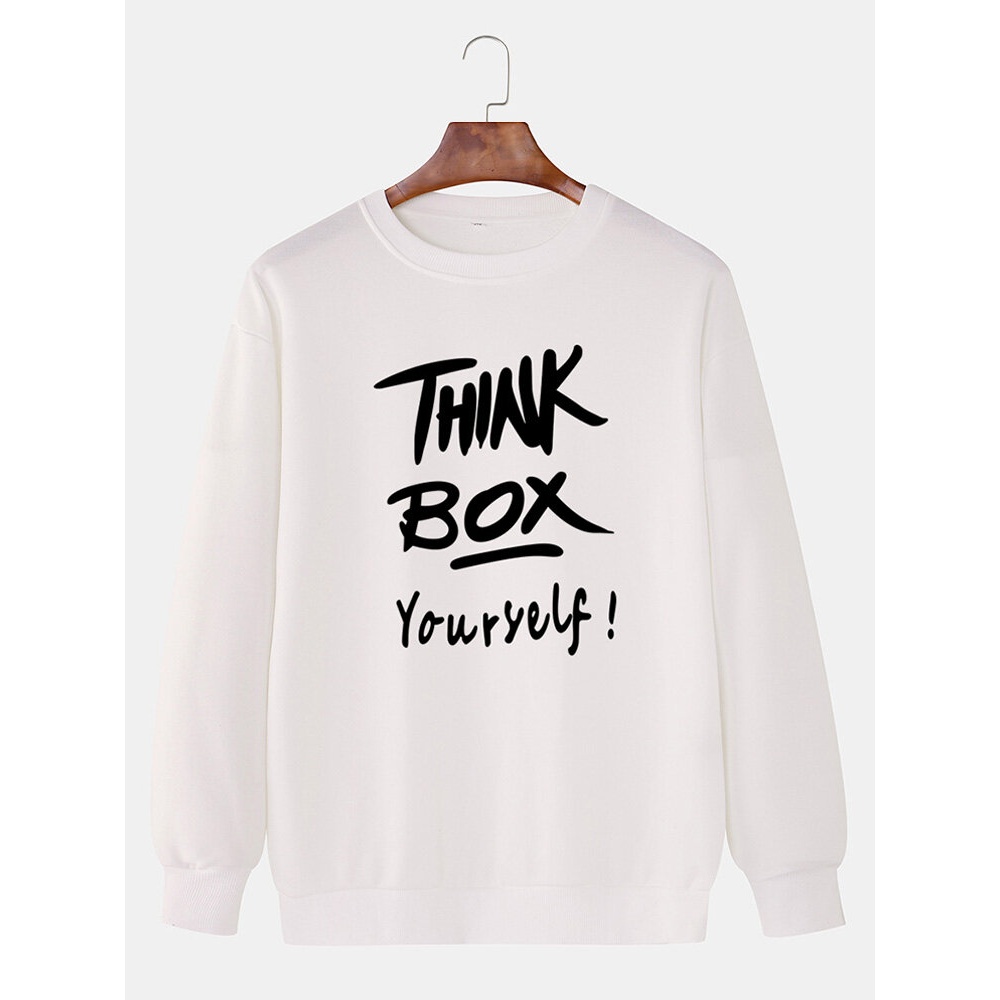 Mens THINK BOX Letter Print Round Neck Pullover Cotton Drop Shoulder Casual Sweatshirts - Yellow M