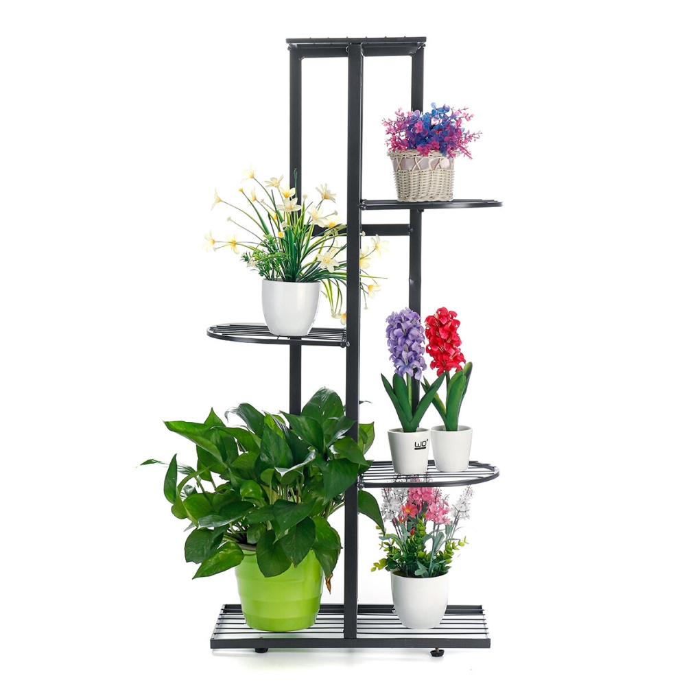 5 Tiers Iron Craft Plant Flower Stand Candle Holder Bookshelf Flower Pot Shelf Garden Rack Home Office Decor - Black - Image 2