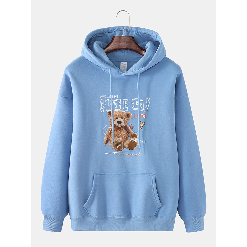 Mens Cute Bear Print Plus Velvet Thick Casual Pullover Hoodie - Purple L