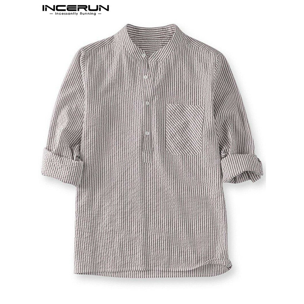 Mens Striped Casual Loose Long Sleeve Tops Shirts - S Coffee