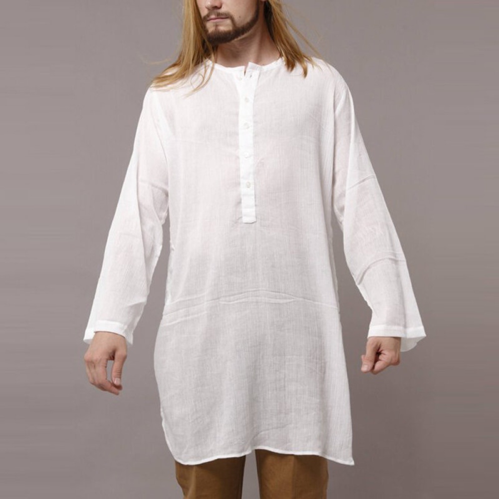 Mens Vintage Ethnic Style Mid Long Minimalist Cotton Tops - S white