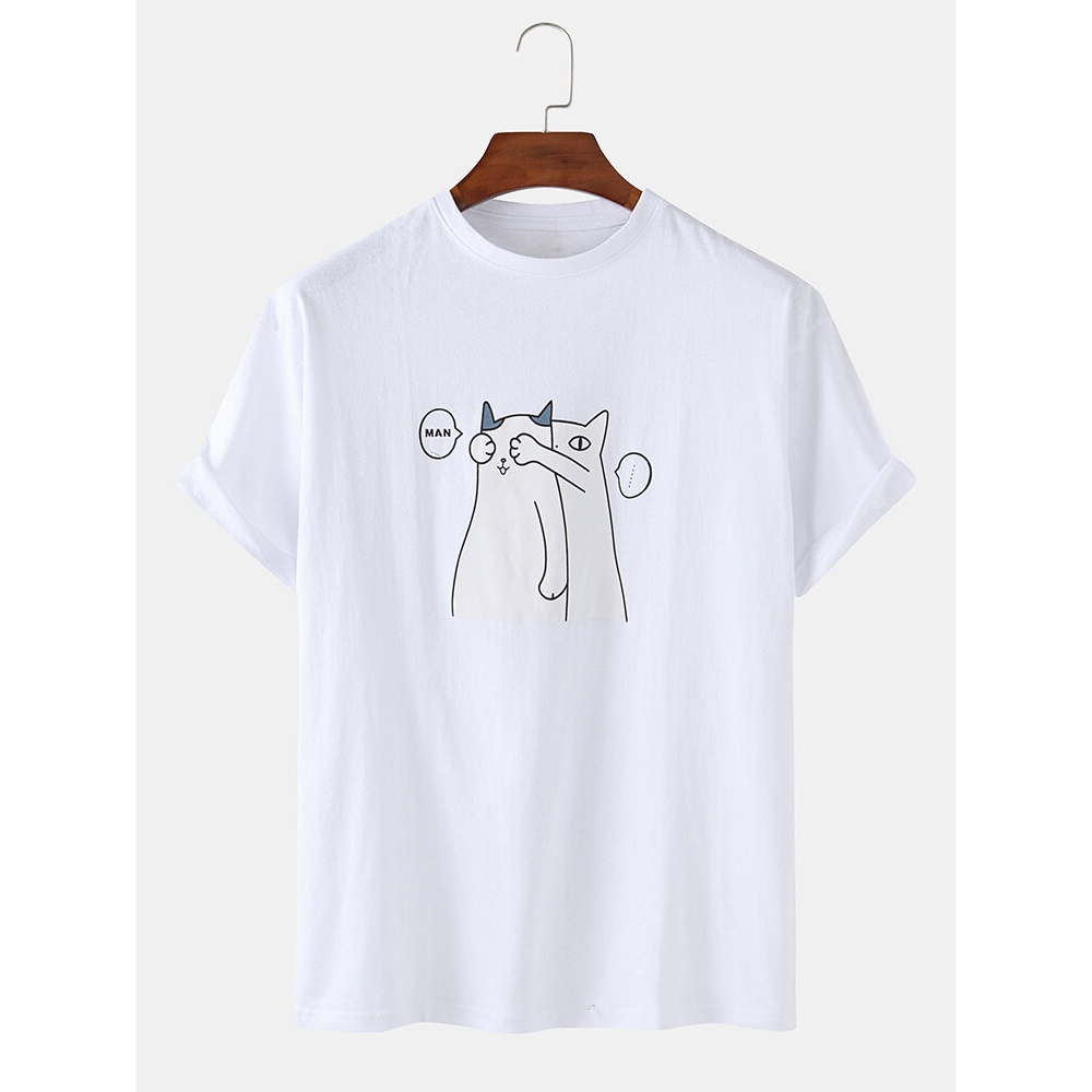 Cute Cartoon Cat Print Cotton Breathable Short Sleeve Casual T-Shirts - White S