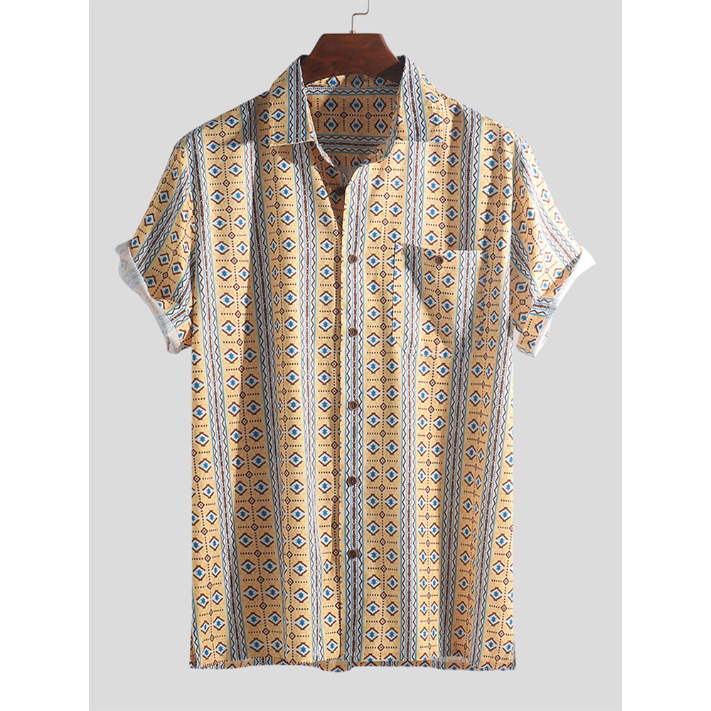 Men Ethnic Pattern Print Vintage Chest Pocket Holiday Relaxed Shirts - 2XL Purple