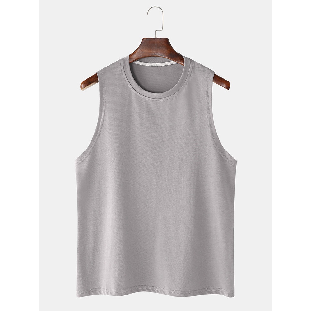 Breathable Cotton Solid Color Casual Round Neck Sleeveless Tank Tops - Dark Grey S