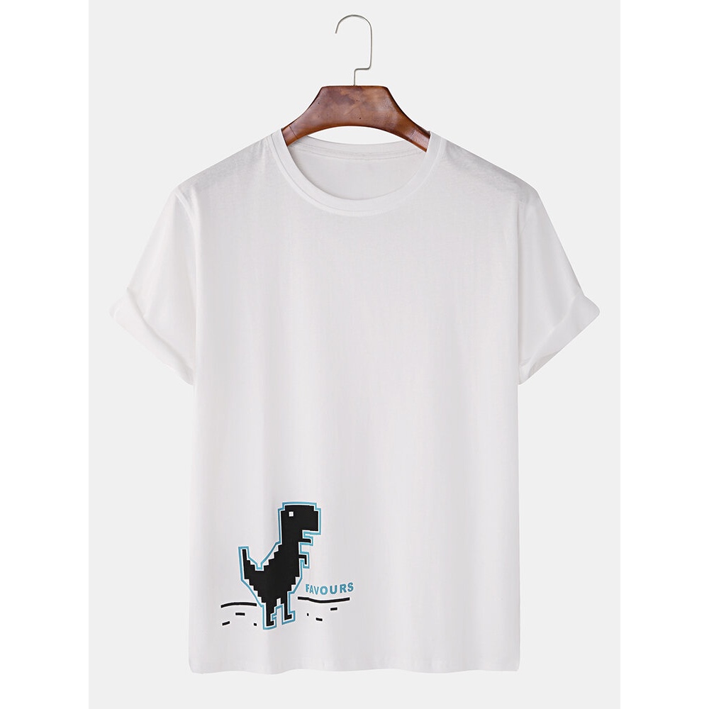 Mens Cottn Casual Dinasour Pattern Breathable Crew Neck Short Sleeve TShirts - White XL