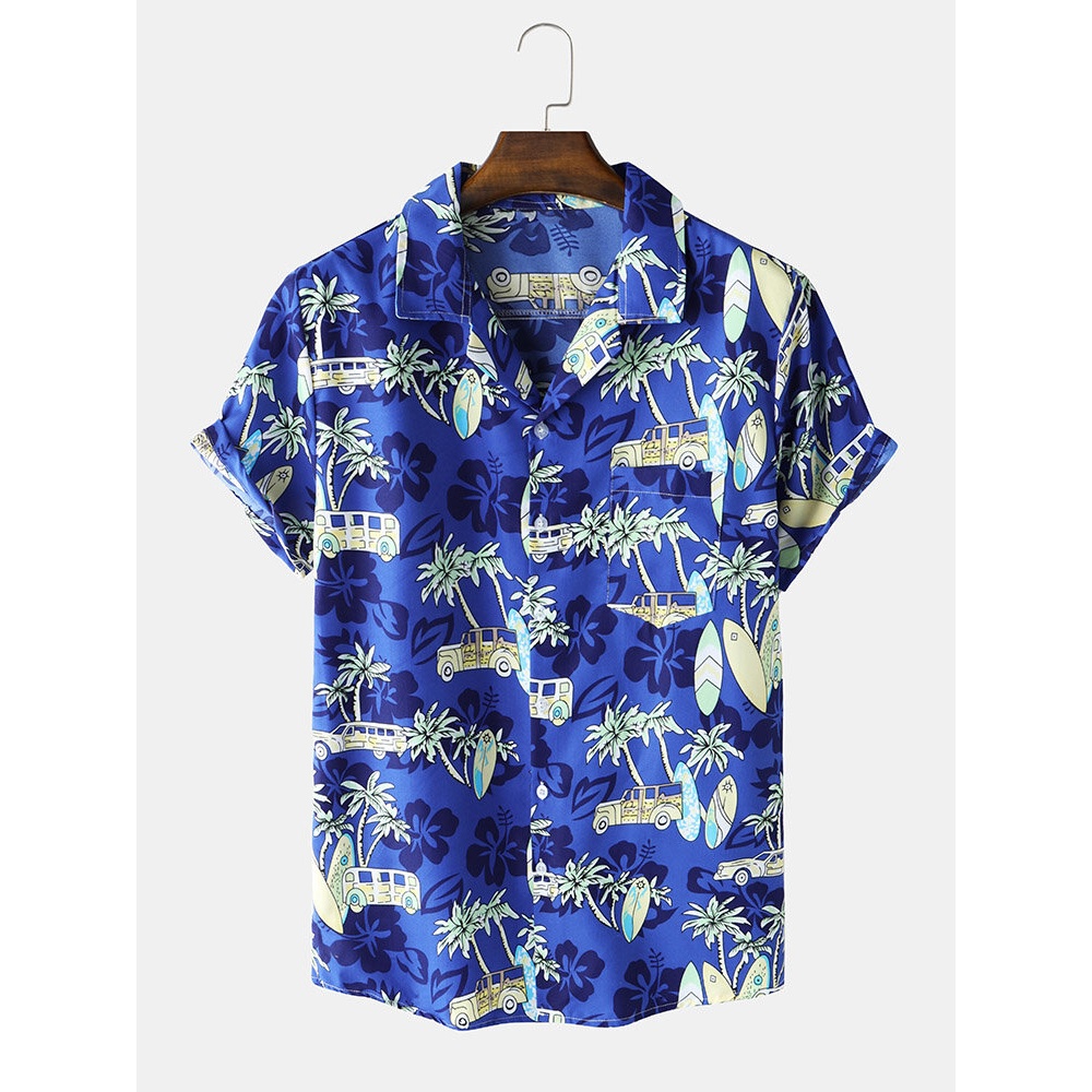 Mens Cotton Cartoon Coconut Tree Print Revere Collar Short Sleeve Shirt - Blue S
