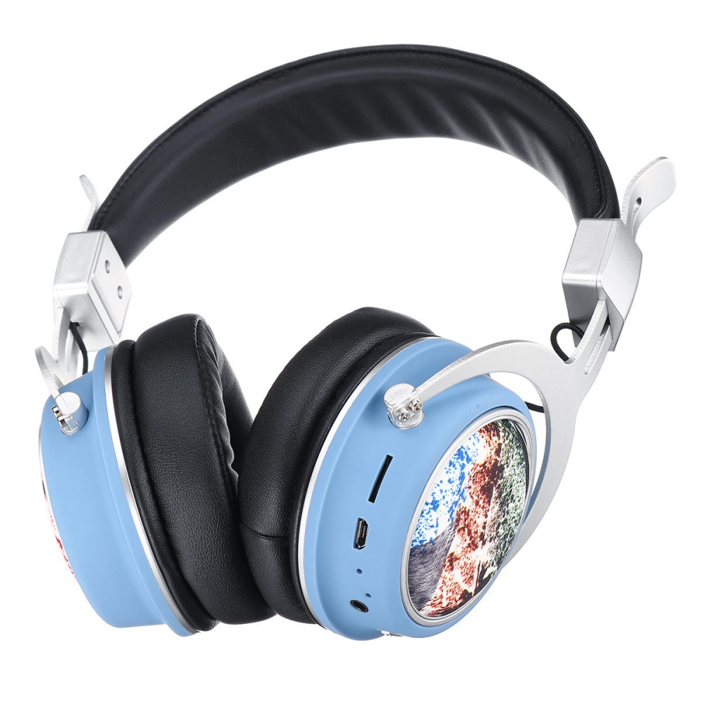 MH5 Wireless bluetooth 5.0 Headphone Foldable Pattern 3D Stereo TF Card AUX Headphone with Mic - Blue - Image 2