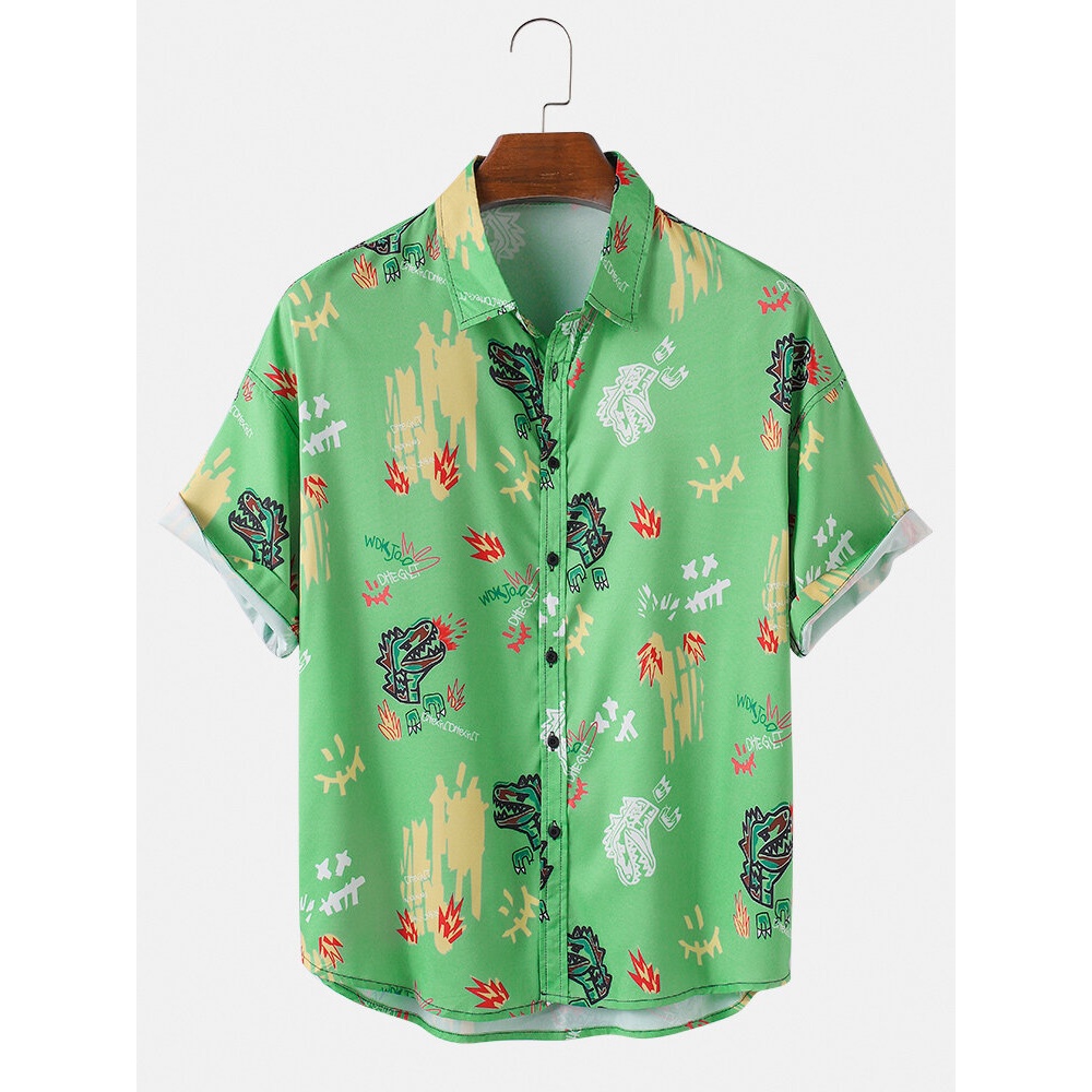 Mens Funny Dinosaur Cartoon Print Breathable Short Sleeve Casual Shirts - Black XL