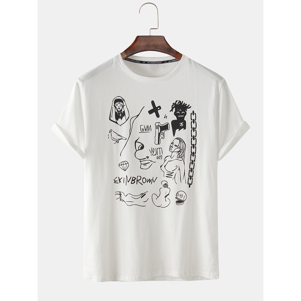 Mens Funny Graffiti Print Short Sleeve Loose T-Shirts - White L