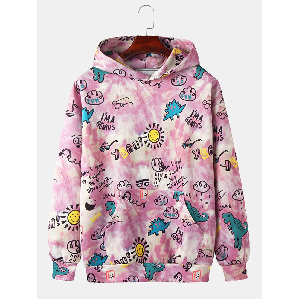 Mens Tie Dye Cartoon Cute Graffiti Print Long Sleeve Kangaroo Pocket Hoodies - Red 2XL