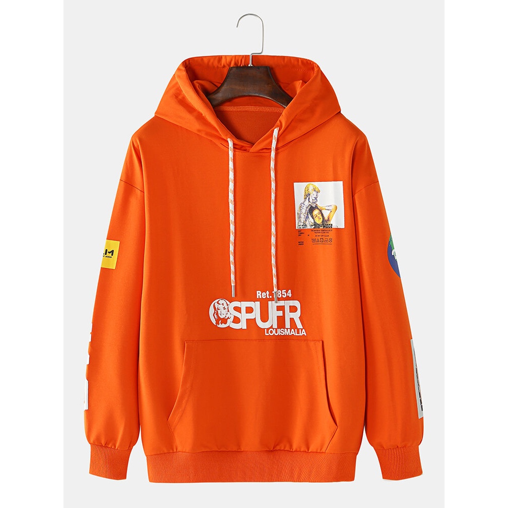 Cotton Mens Design Graphic Letter Print Drop Shoulder Casual Drawstring Hoodies