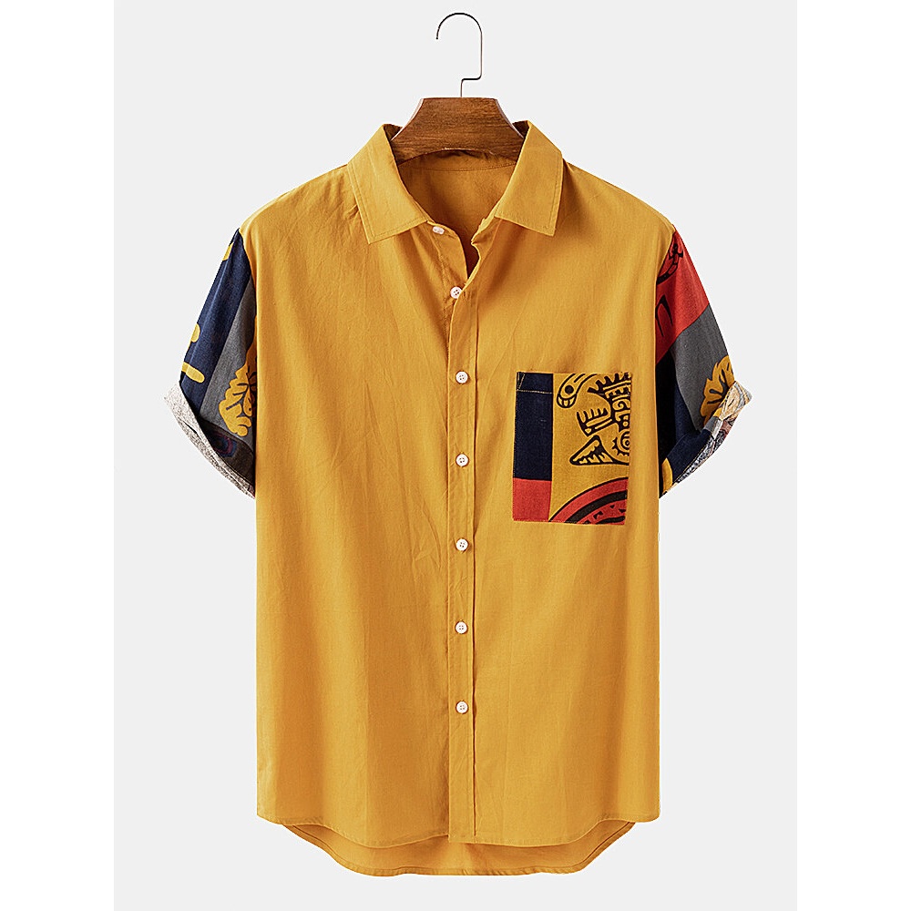 Men 100% Cotton Ethnic Totem Patchwork Casual Shirts - Dark Blue 2XL