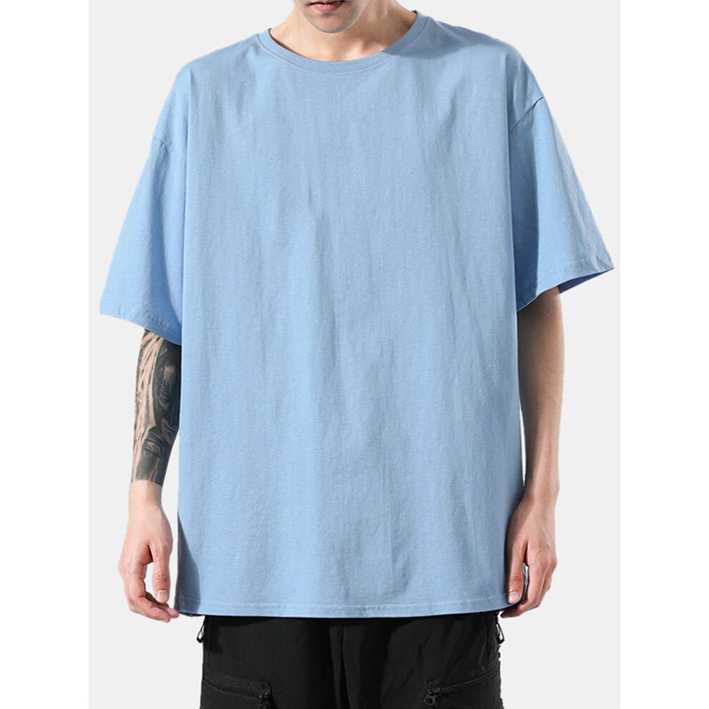 Mens Solid Color Cotton Round Neck Loose Casual Short Sleeve T-Shirts - White M