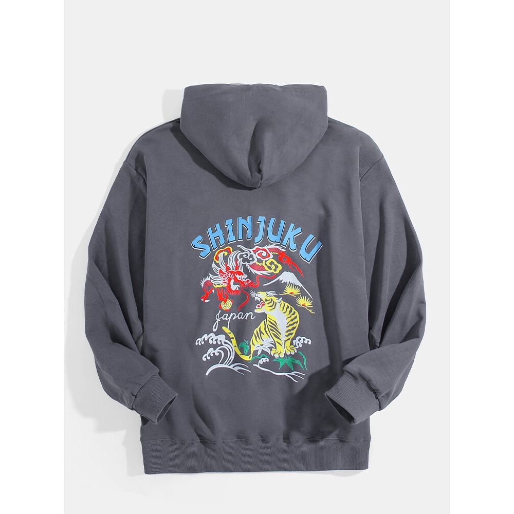 Mens Letter & Animal Back Print Ukiyoe Hoodies With Kangaroo Pocket - Pink M