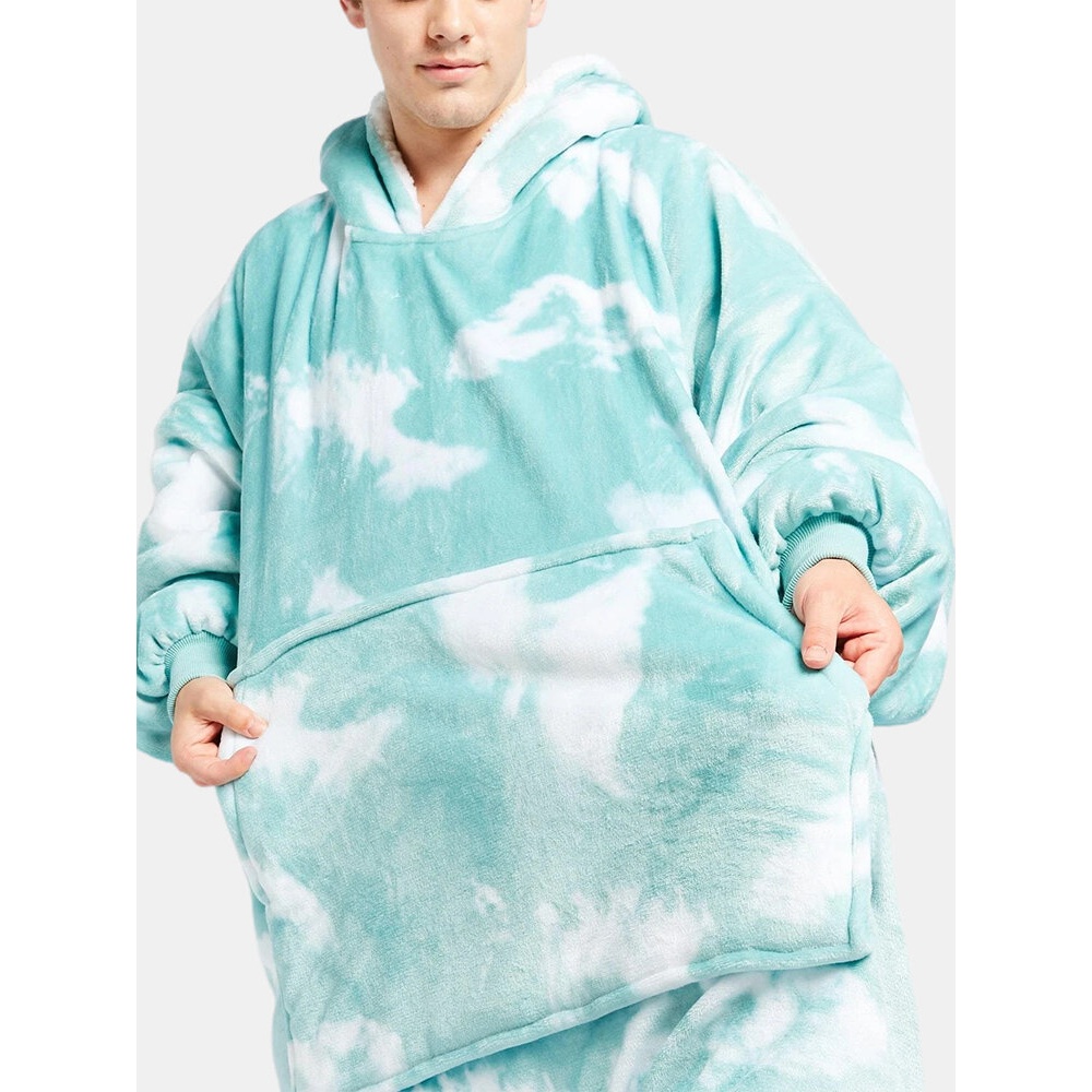 Mens Tie-Dye Fleece Lined Thicken Warm Loose Blanket Hoodie With Kangaroo Pocket - Green One Size