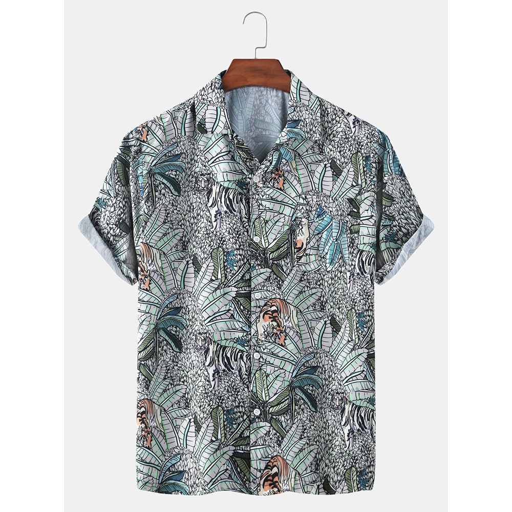Mens Tropical Leaves Print Hawaii Casual Short Sleeve Shirts - Colorful S