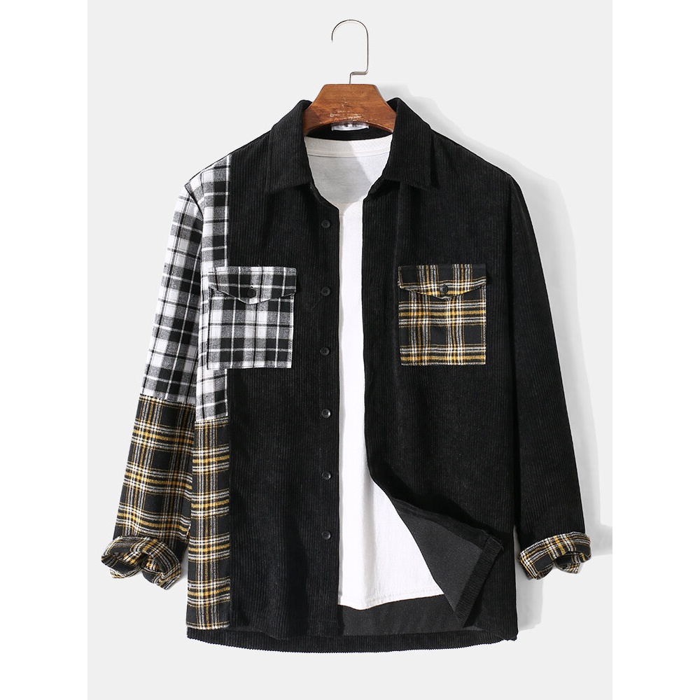 Men Corduroy Plaid Patchwork Double Pockets Turn Down Collar Casual Shirts - Black S