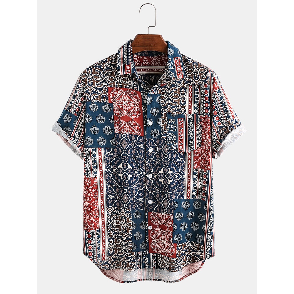 Mens Ethnic Style Handkerchief Print Chest Pocket Short Sleeve Casual Vintage Shirts - Green L