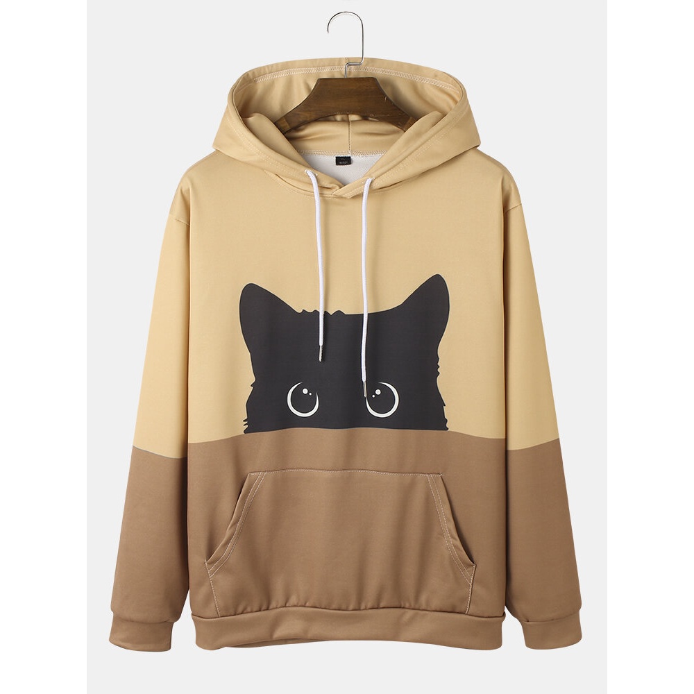 Mens Contrasting Colors Cartoon Cat Print Cute Long Sleeve Hoodies - Pink M