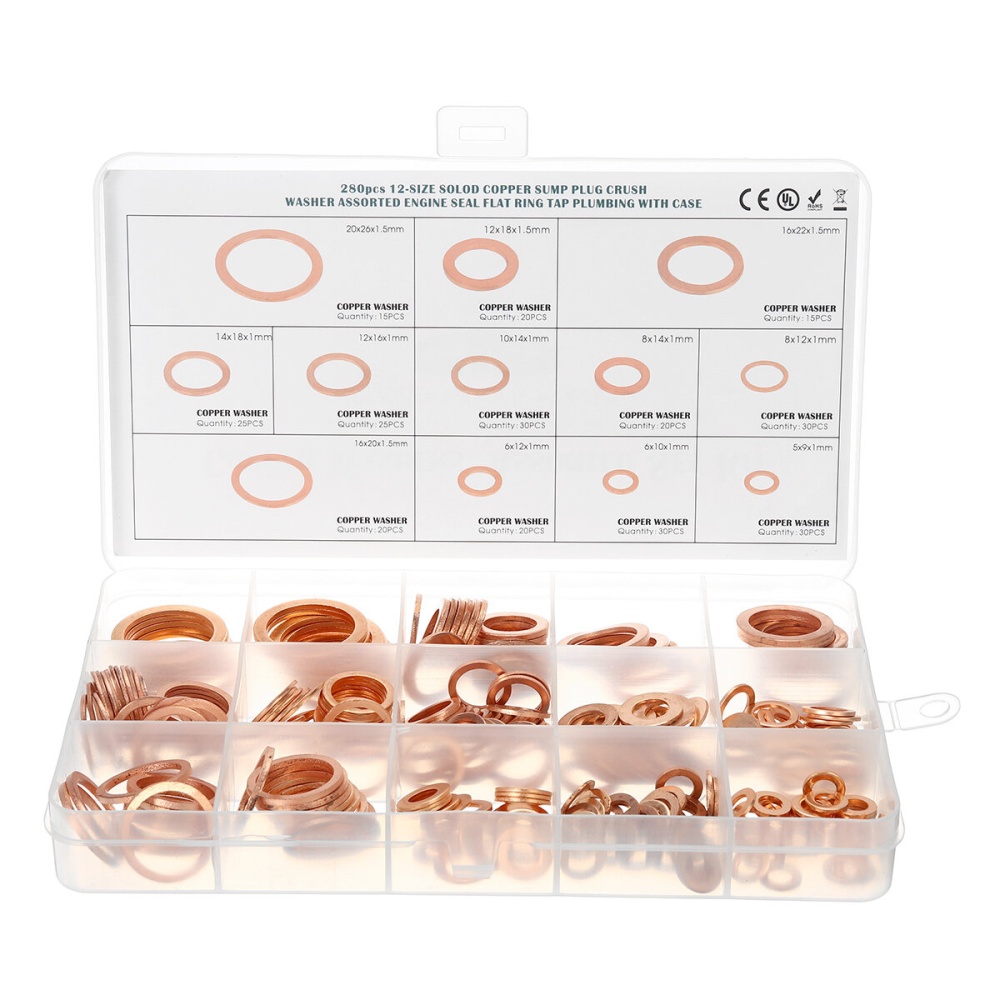 280Pcs 12 Sizes Assorted Crush Copper Washer Gasket Set Flat Ring Seal Kit Tools - Image 2