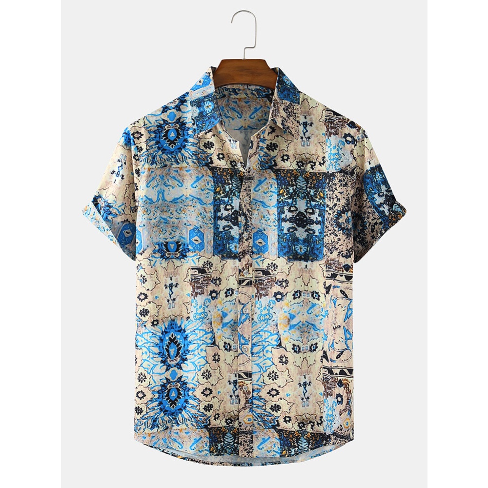 Mens Ethnic Print Casual Loose Light Lapel Collar Short Sleeve Shirts - Blue 2XL