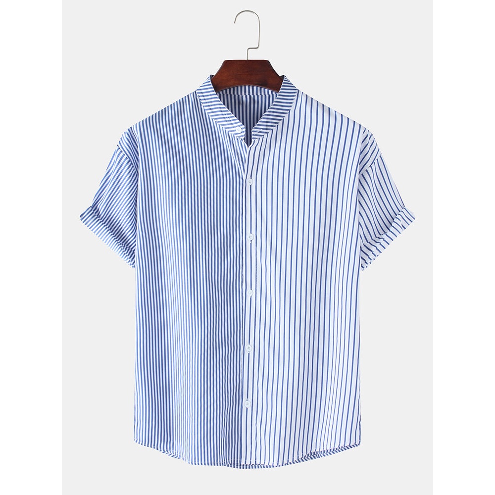 Mens Casual Patchwork Striped Stand Collar Short Sleeve Shirts - Blue 3XL