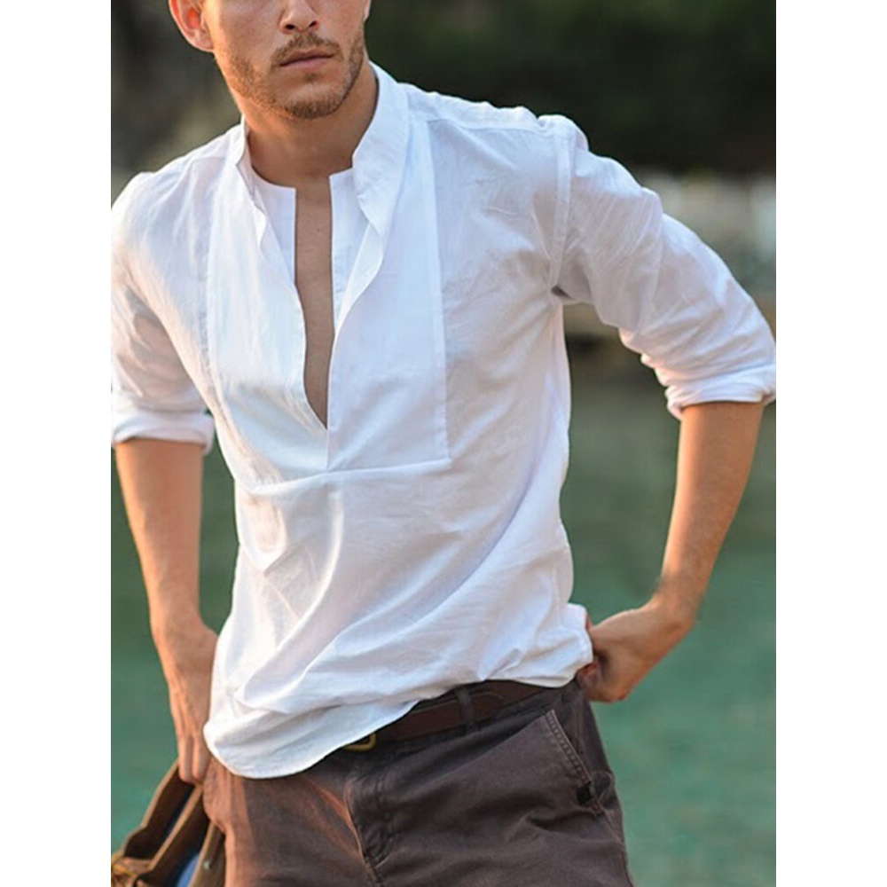 Mens Trendy Solid Color Long Sleeve White Cotton Shirts - 3XL white