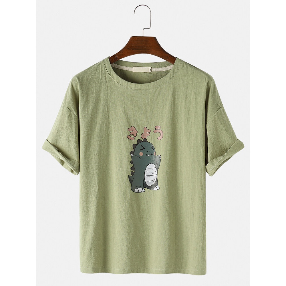 Mens Cotton Cartoon Dinosaur Print Crew Neck Sort Sleeve T-Shirts - White XL