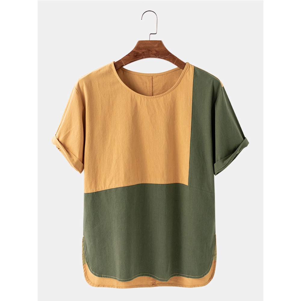 Mens Casual Patchwork Crew Neck Color Block Breathable T-Shirts - Khaki M