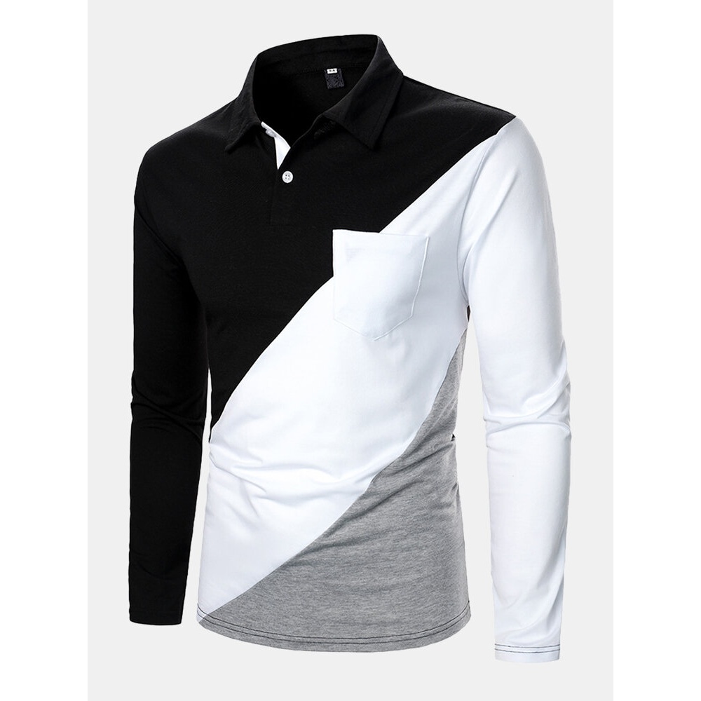 Mens Tricolor Patchwork Long Sleeve Golf Shirts With Chest Pocket - White S