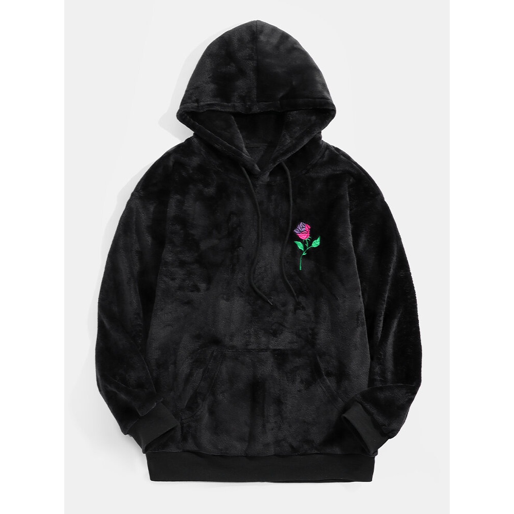 Mens Rose Embroidery Plush Black Hoodies With Pouch Pocket - Black S