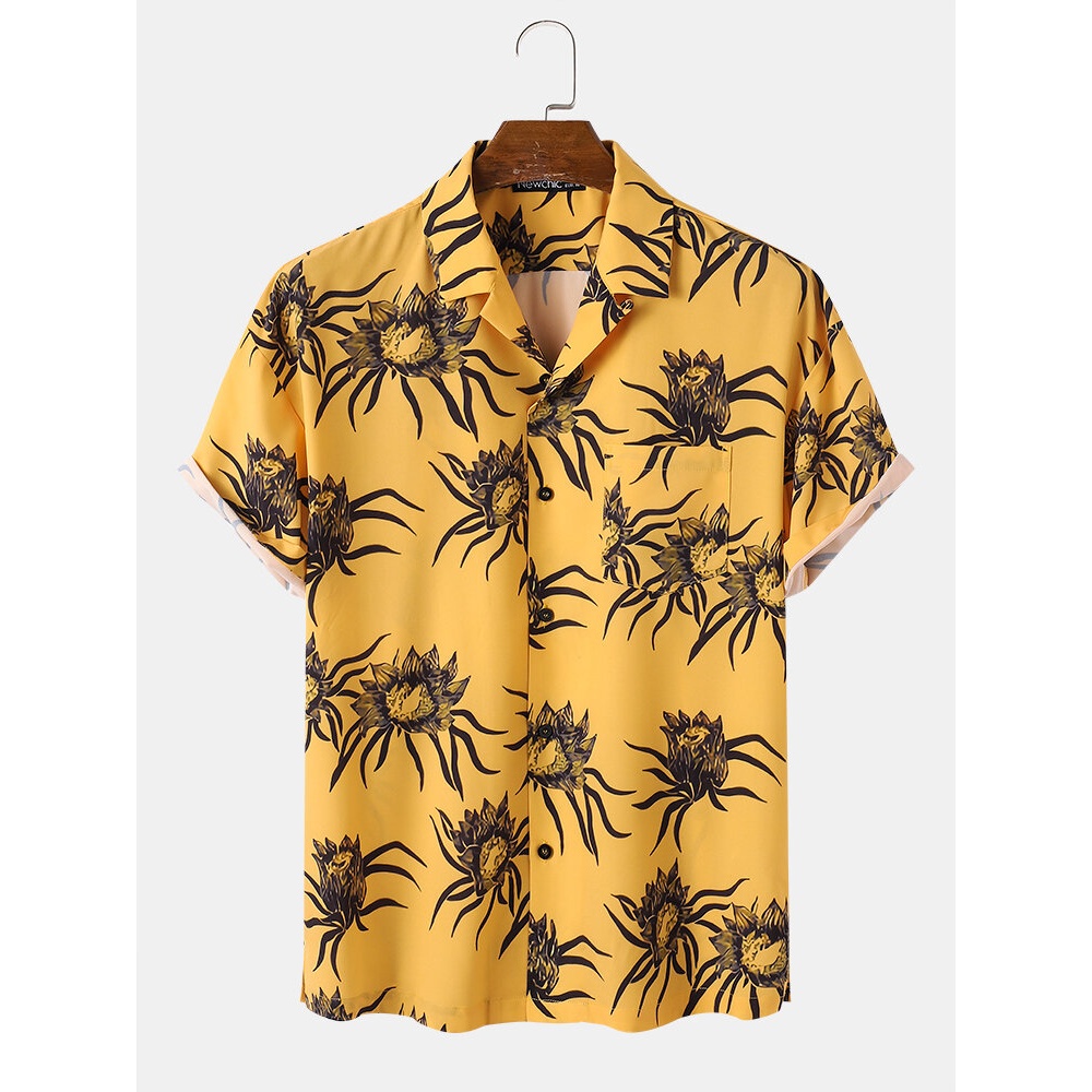 Mens Plant Print Pocket Revere Collar Short Sleeve Shirts - Yellow S