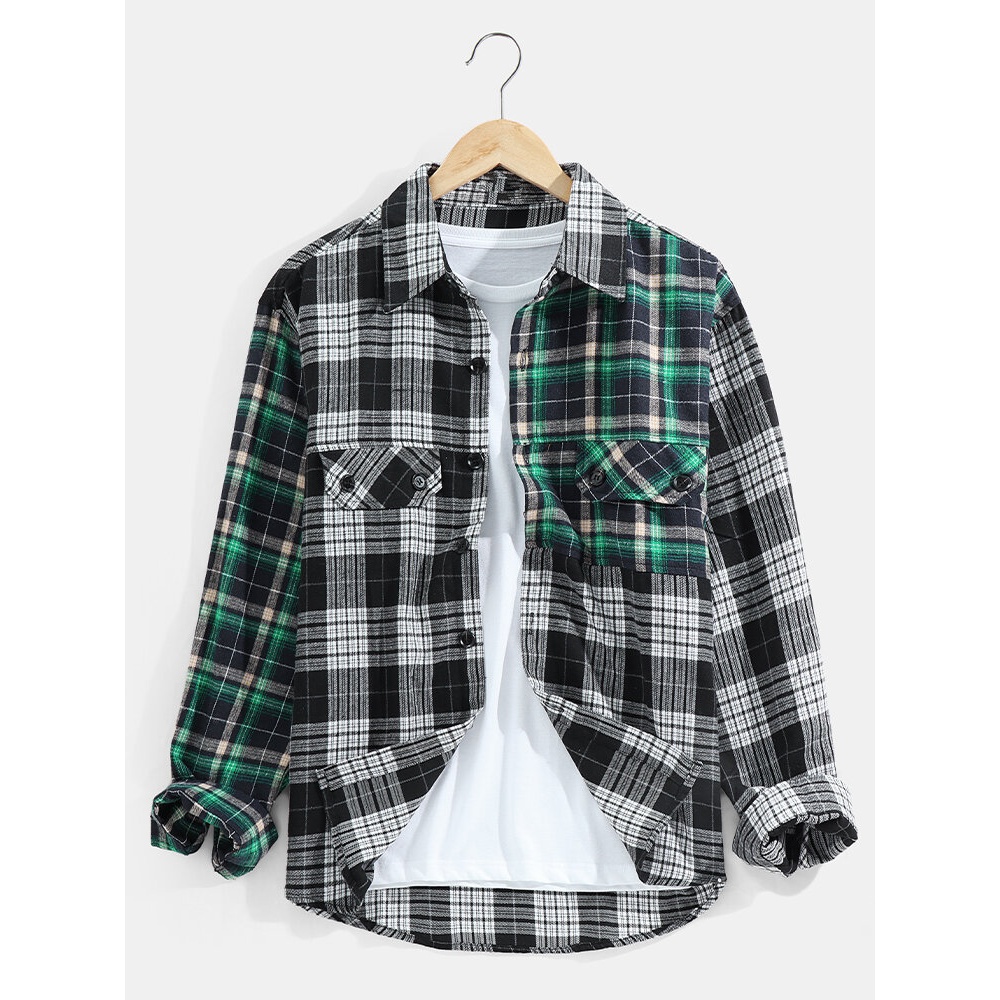 Mens Plaid Print Patchwork Double Pockets Long Sleeve Casual Shirt - Black L