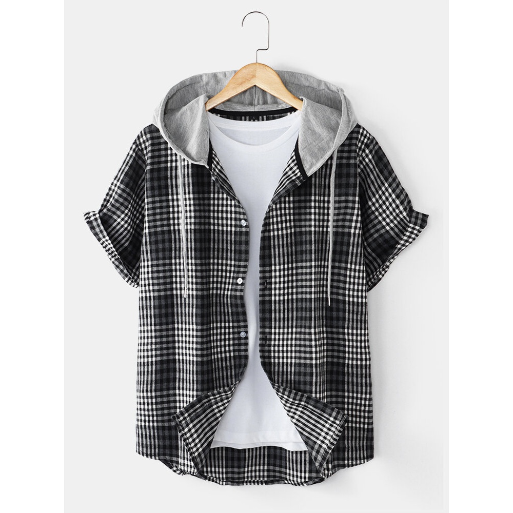 Mens Plaid Button Up Short Sleeve Casual Contrast Hooded Shirts - Black M