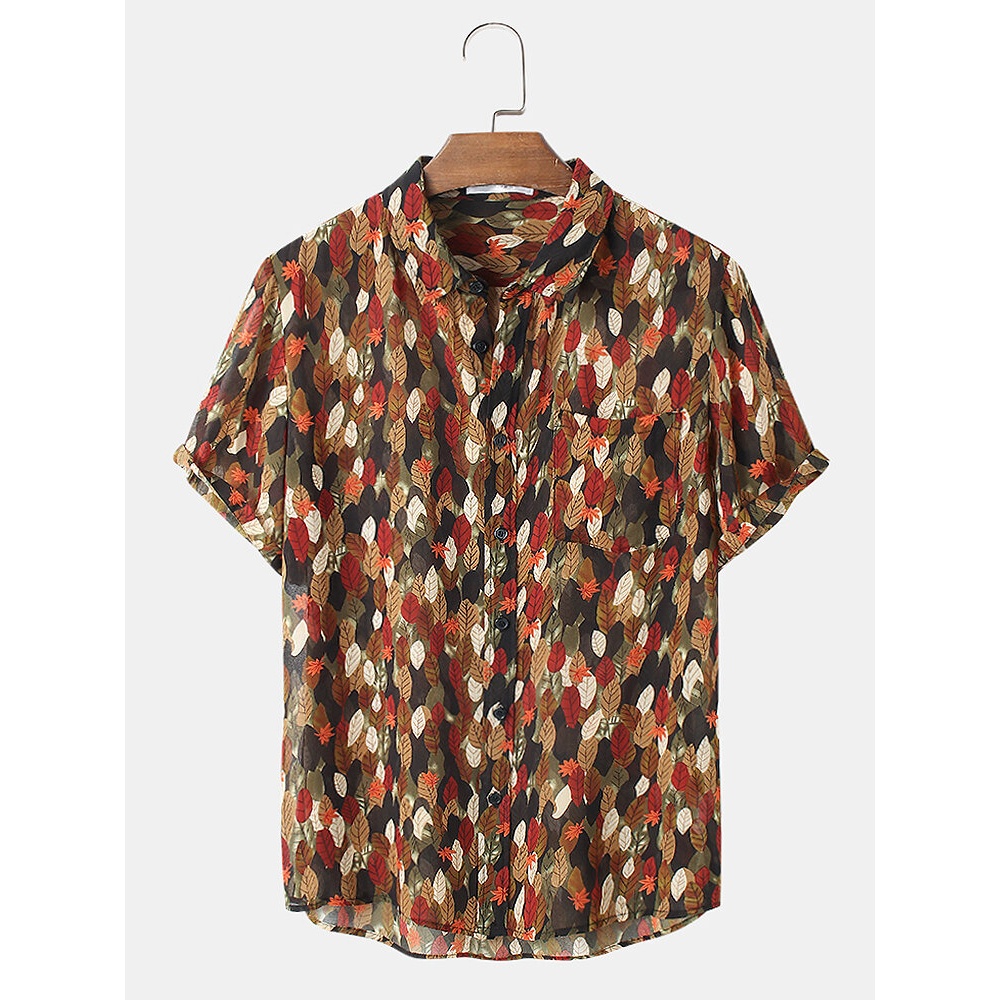 Mens Colorful Leaves Print Holiday Short Sleeve Casual Shirt - Green S