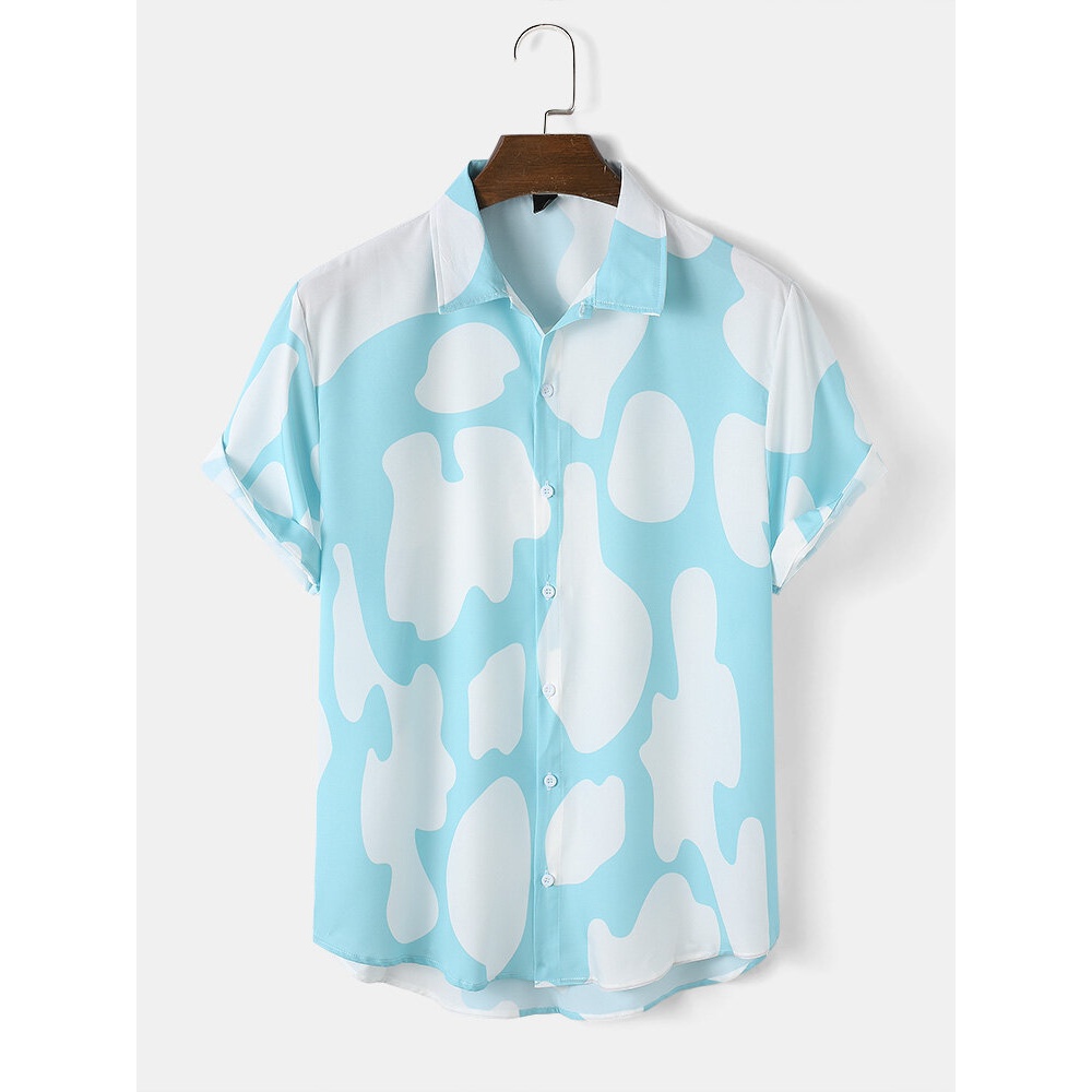 Mens All Over Cloud Printed Lapel Holiday Short Sleeve Shirts - Green M