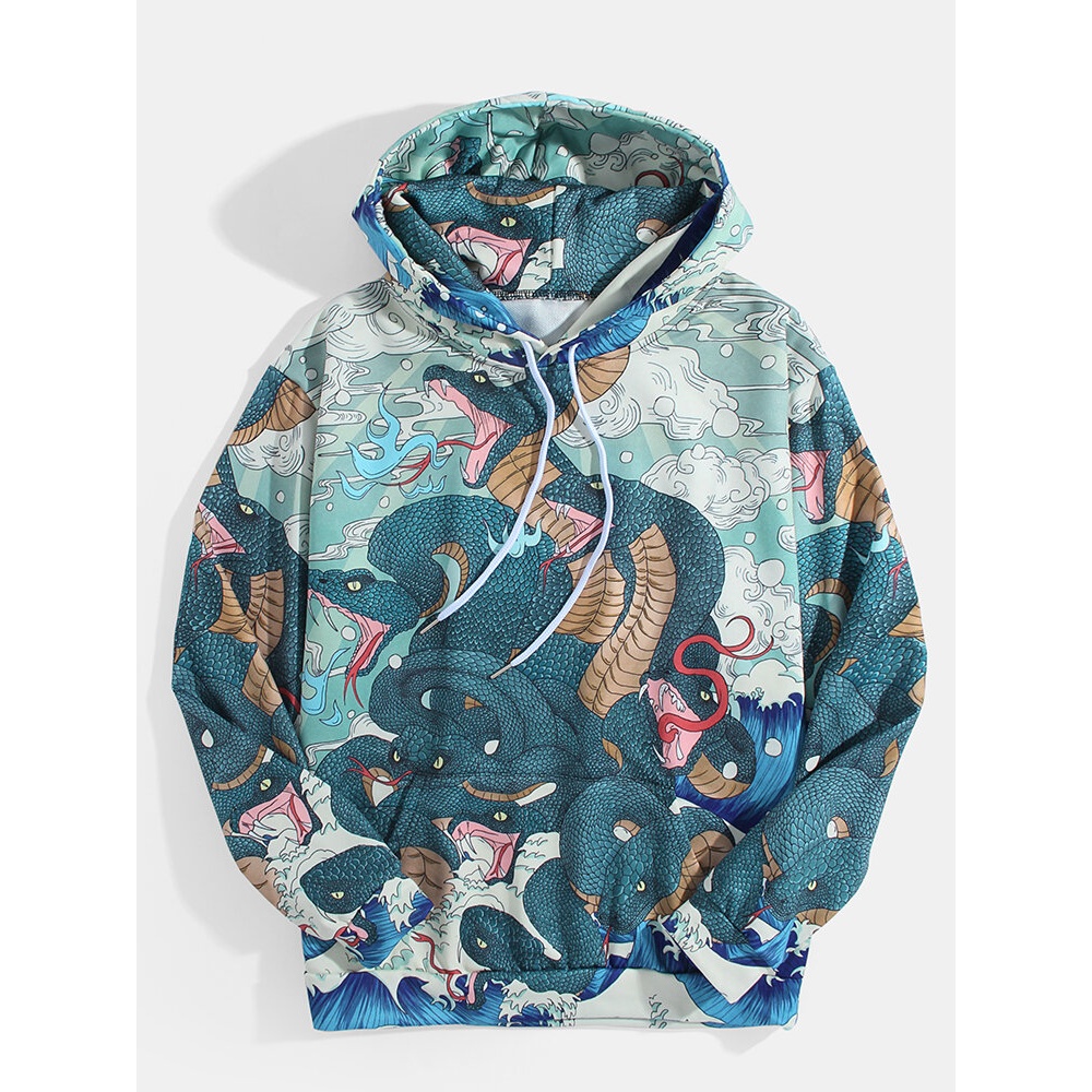 Mens Snake Graphics Ethnic Style Kangaroo Pocket Long Sleeve Ukiyoe Hoodies - Cyan XL