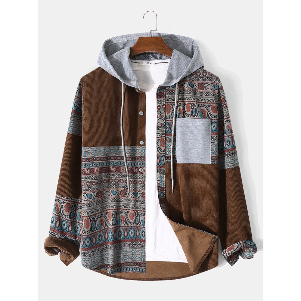 Men Corduroy Ethnic Spliced Chest Pocket Drawstring Casual Hooded Shirts - Coffee S