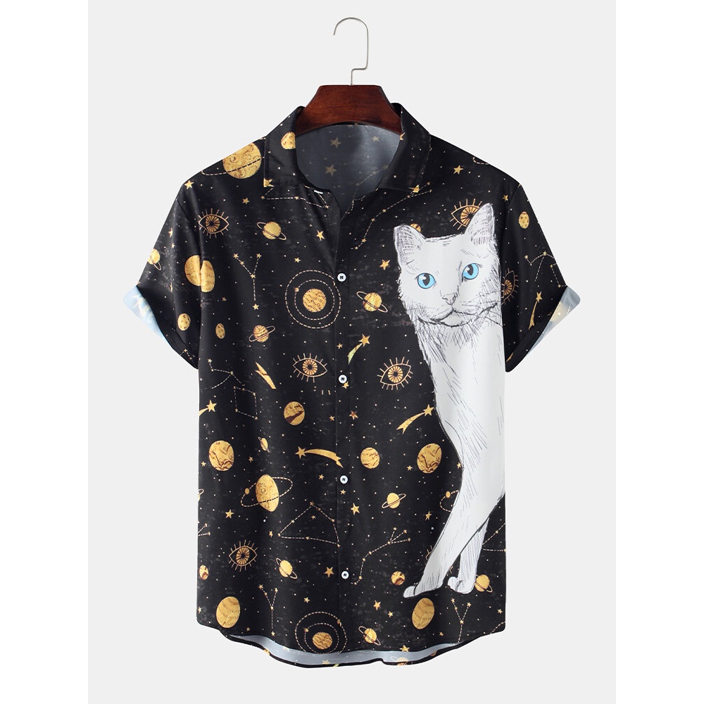 Cartoon Cat Galaxy Funny Print Short Sleeve Casual Shirts For Men Women - White 2XL