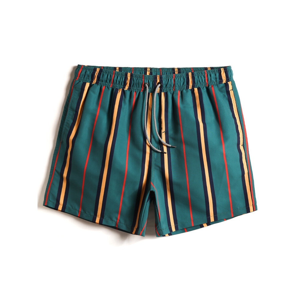 Mens Colorful Striped Quick Drying Drawstring Beach Shorts With Pocket - Green S