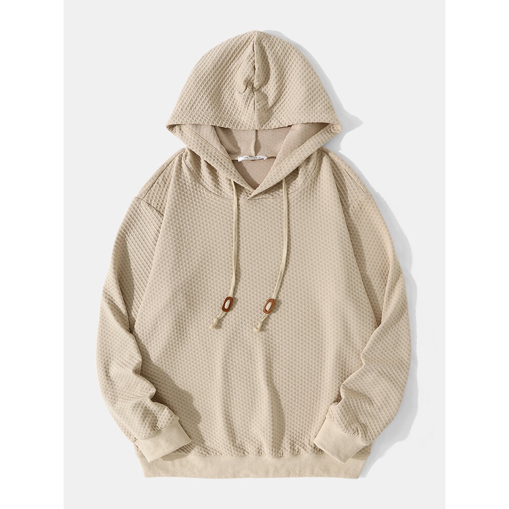 Men Knitted Solid Label Drawstring Simple Casual Hooded Sweatshirt - Apricot S