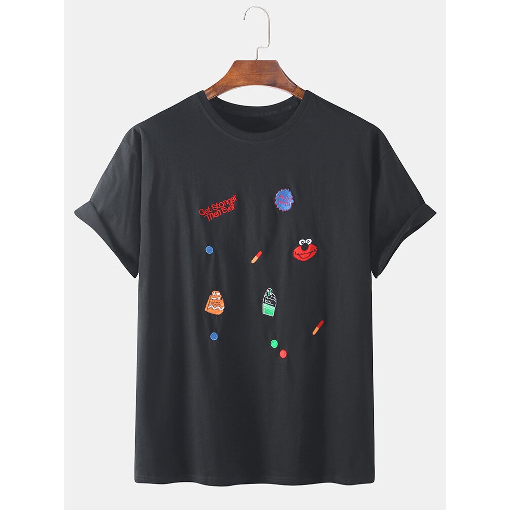 Mens Designer Cartoon Embroidery Loose Short Sleeve Crew Neck T-Shirts - Yellow L