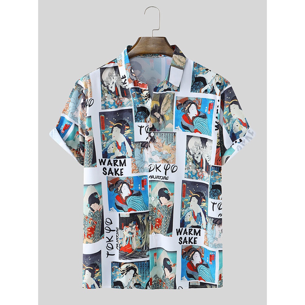 Mens Figure Ukiyoe Print Button Up Japanese Style Short Sleeve Shirts - White L