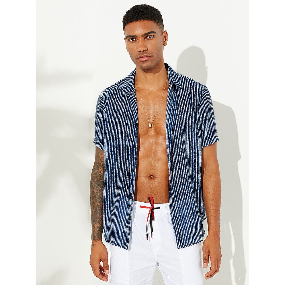 Mens Summer Stripe Design Short Sleeve Casual Shirts - M Blue