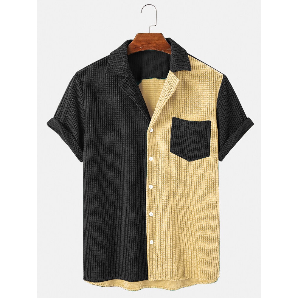 Mens Loose Corduroy Button Down Patchwork Pocket Breathable Casual Shirts - Yellow XL
