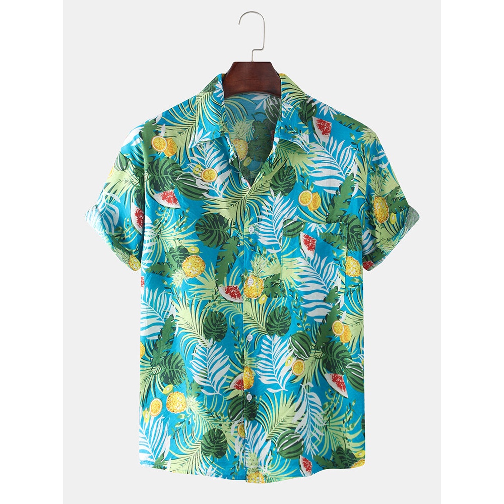 Mens Tropical Fruit Printed Casual Loose Lapel Short Sleeve Shirts - Blue S