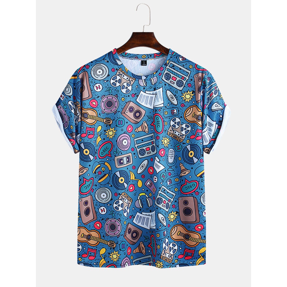 Men Graffiti Printed Casual Short Sleeve Round Neck T-Shirts - Red S