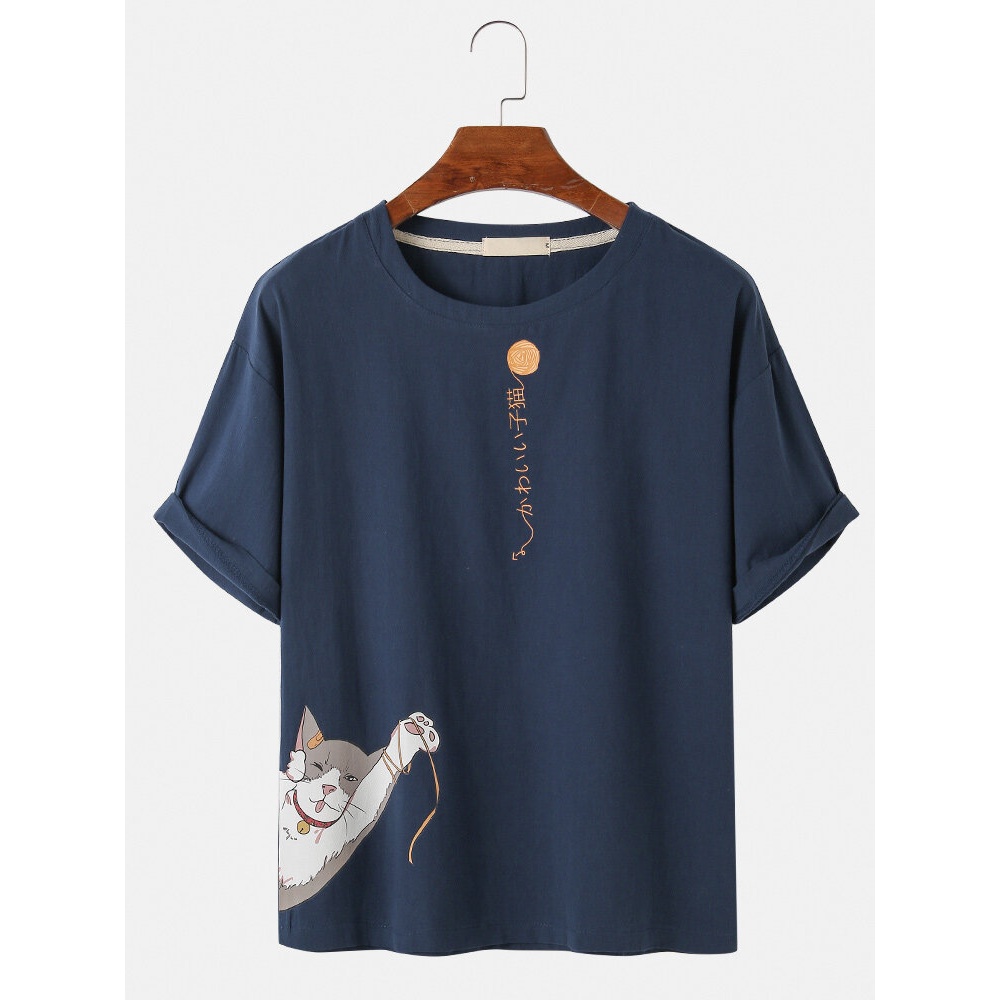 Cotton Cute Cartoon Cat Pattern Text Print Short Sleeve Casual T-Shirts - Royal Blue 2XL