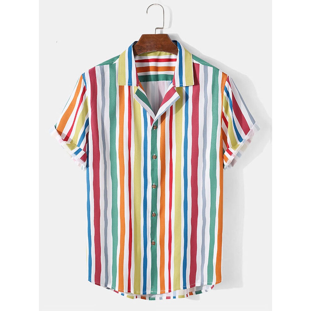Mens Colorful Striped Pocket Short Sleeve Casual Shirts - Colorful S