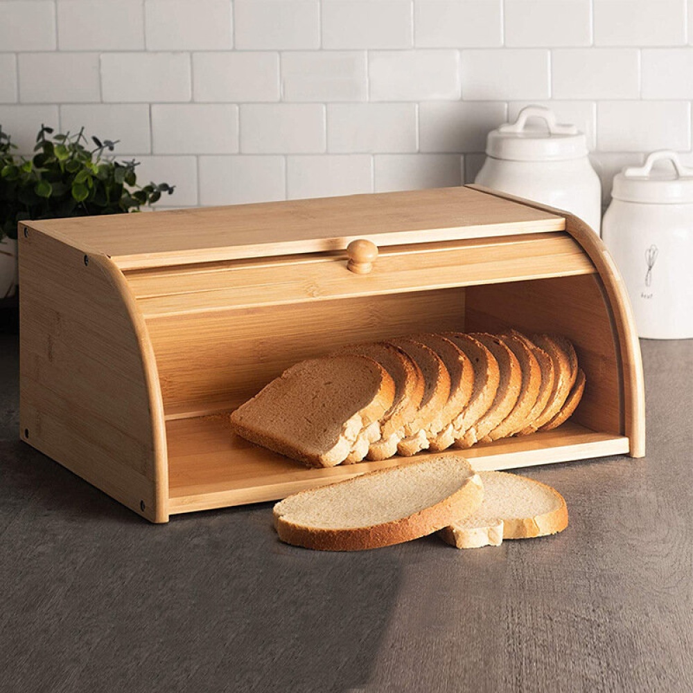 Bamboo Wood Roll Top Bread Bin Storage Box Kitchen Food Case Loaf Container - Image 2